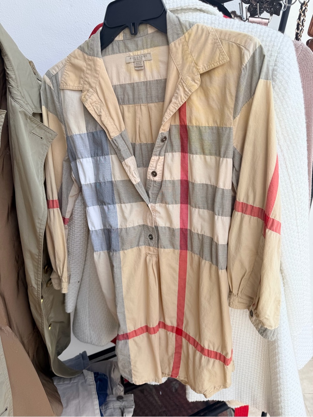 Burberry Beige Plaid Button-Front Jean Jacket with Red and Gray Accents - Picture 4 of 8